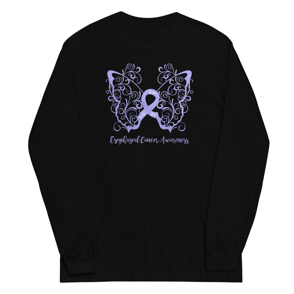 Esophageal Cancer Awareness Filigree Butterfly Plus Size Long Sleeve Shirt (Several Colors Available)