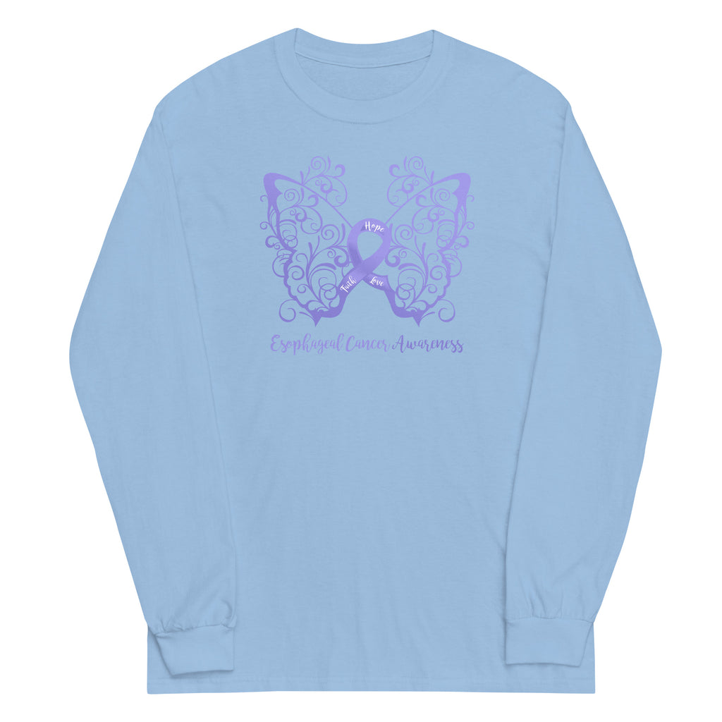 Esophageal Cancer Awareness Filigree Butterfly Plus Size Long Sleeve Shirt (Several Colors Available)