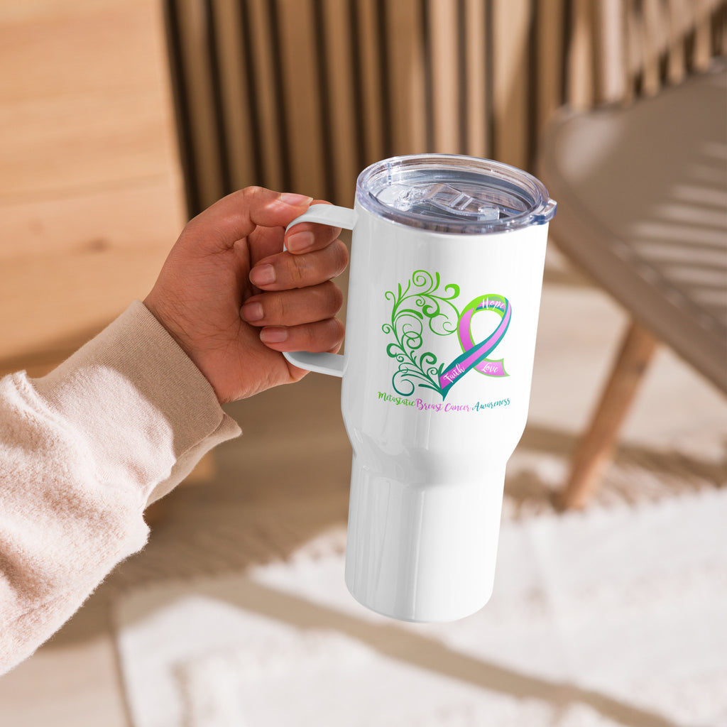 Metastatic Breast Cancer Awareness Heart Tall Travel Mug with a Handle (25 oz)