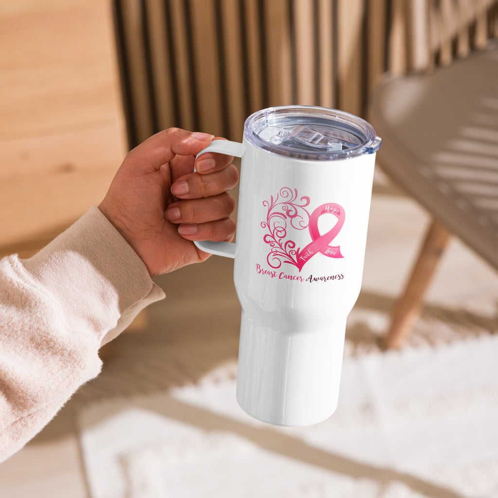 Breast Cancer Awareness Heart Tall Travel Mug with a Handle (25 oz)