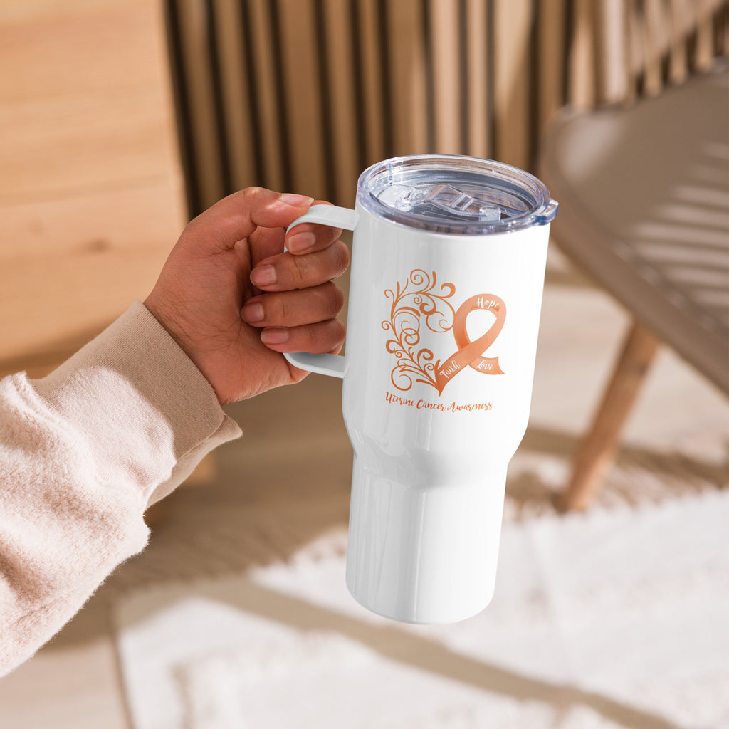 Uterine Cancer Awareness Heart Tall Travel Mug with a Handle (Dual-Sided Design)(25 oz)