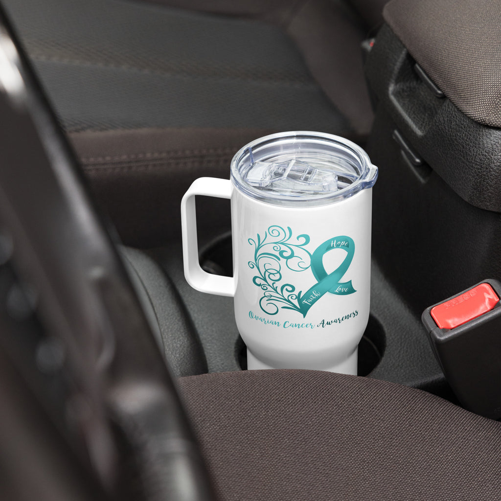 Ovarian / All Cancer Awareness Heart Travel mug with a handle (Dual-Sided Design)