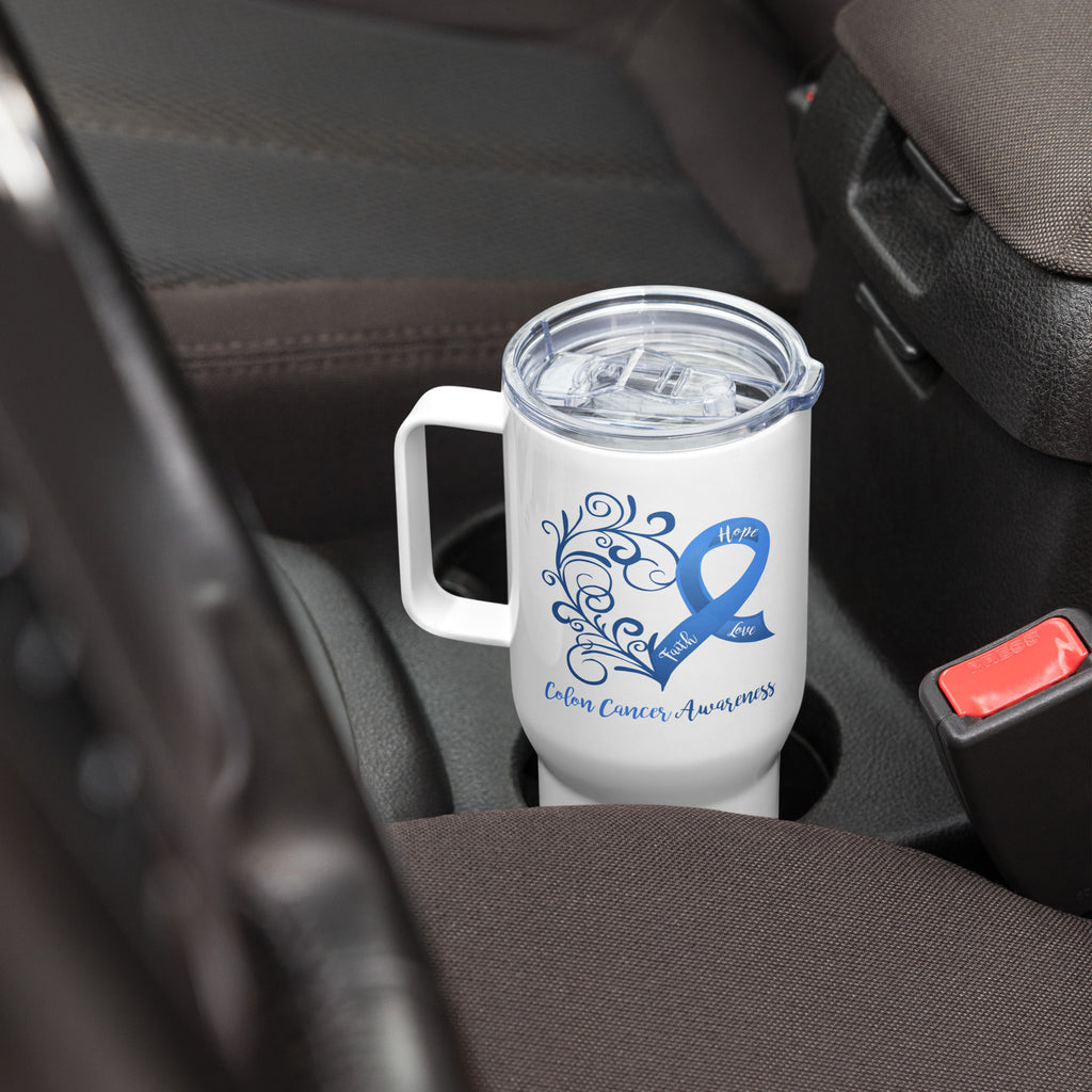 Colon Cancer Awareness Heart Travel mug with a Handle