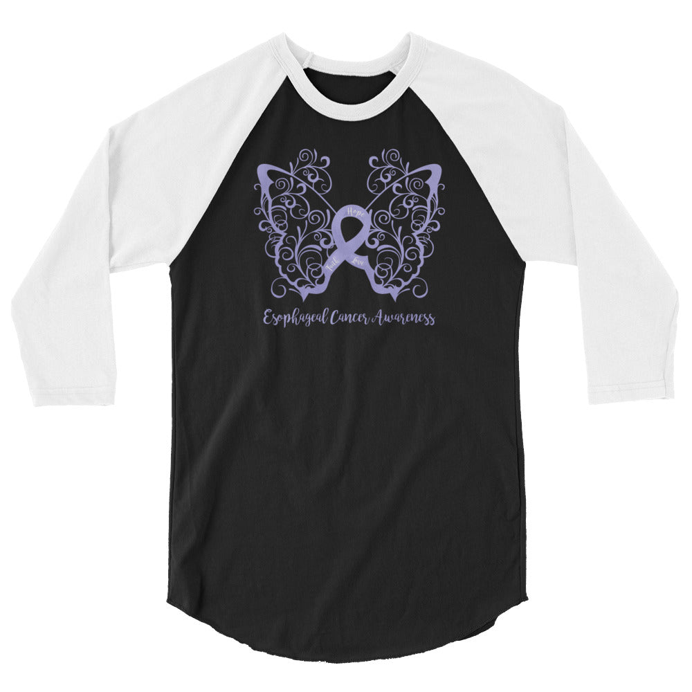 Esophageal Cancer Awareness Filigree Butterfly 3/4 Sleeve Raglan Shirt