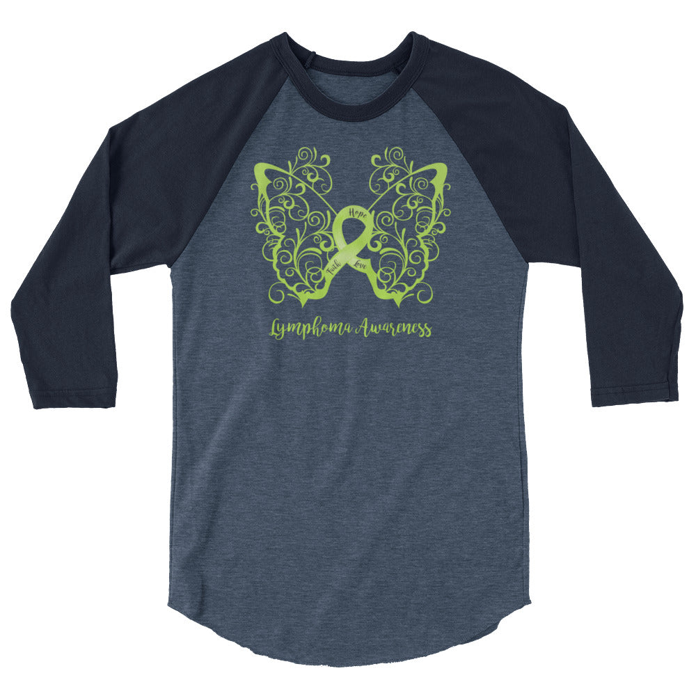 Lymphoma Awareness Filigree Butterfly 3/4 Sleeve Raglan Shirt