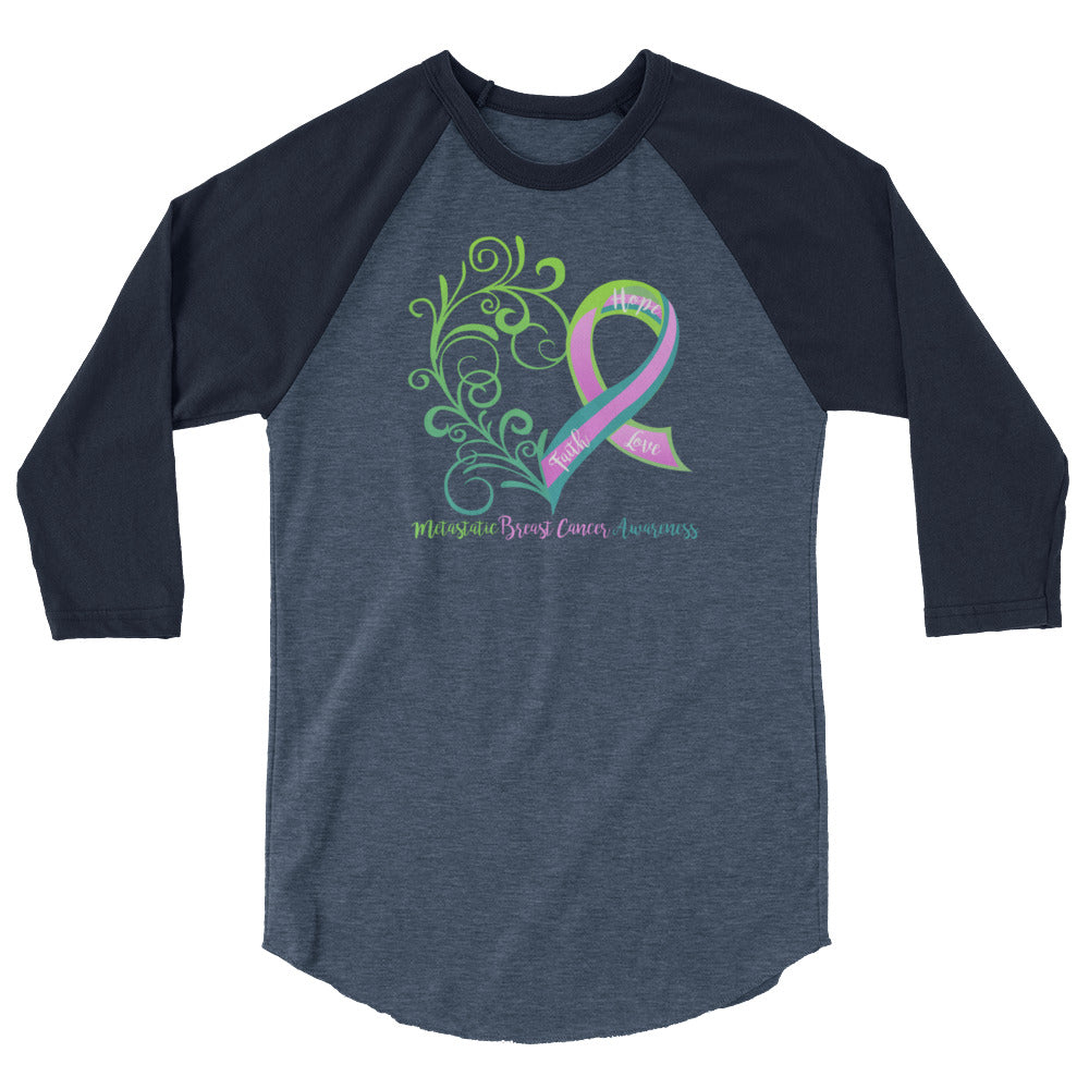 Metastatic Breast Cancer Awareness Heart 3/4 Sleeve Raglan Shirt (Several Colors Available)