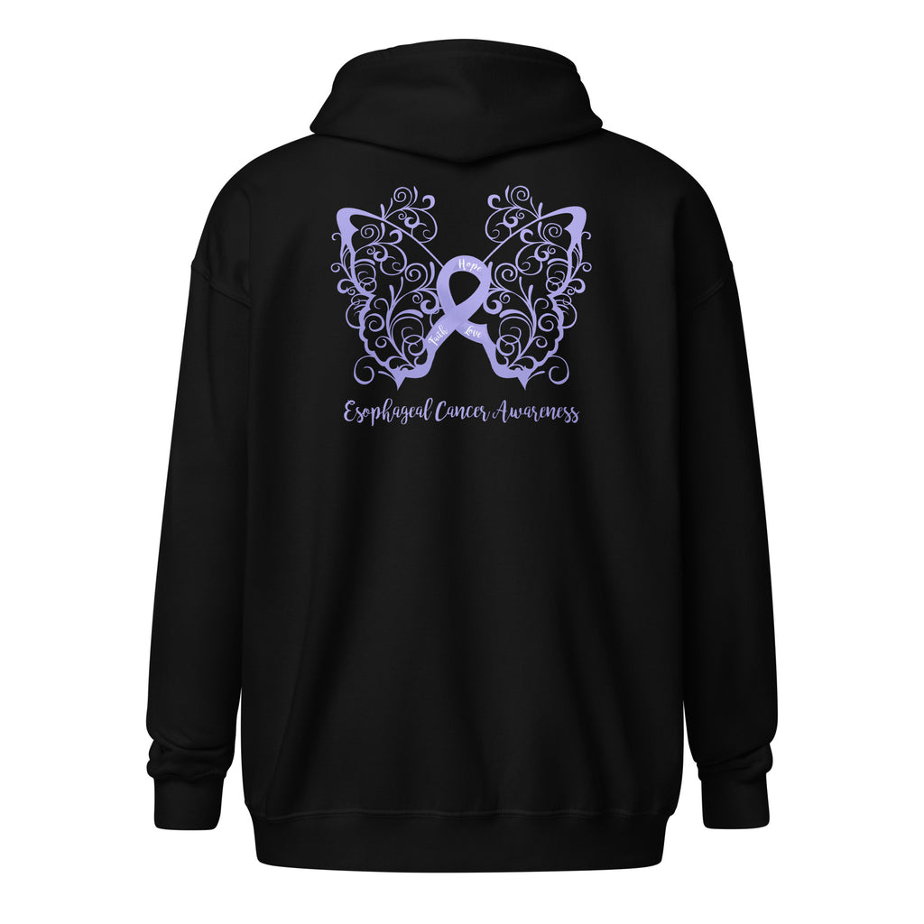 Esophageal Cancer Awareness Filigree Butterfly Heavy Blend Zip Hoodie (Design Displayed on Back)