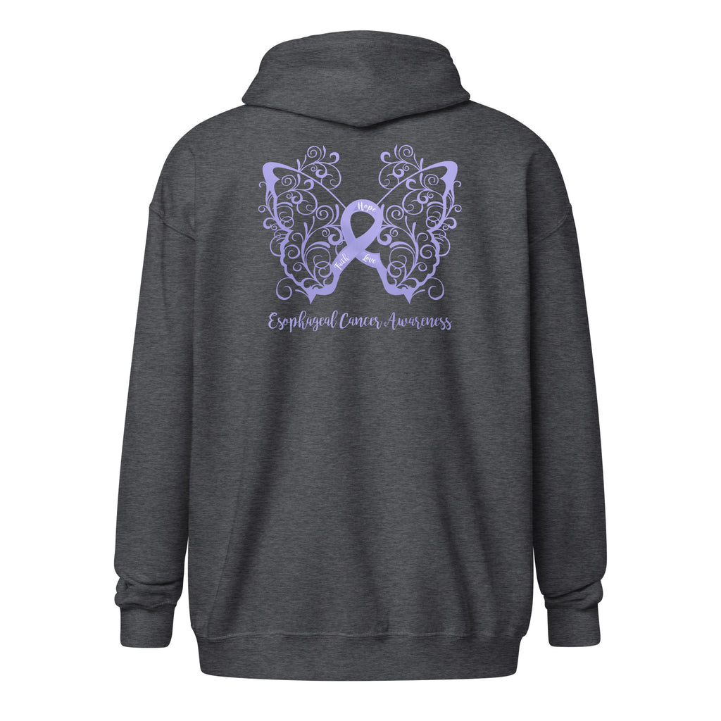 Esophageal Cancer Awareness Filigree Butterfly Heavy Blend Zip Hoodie (Design Displayed on Back)