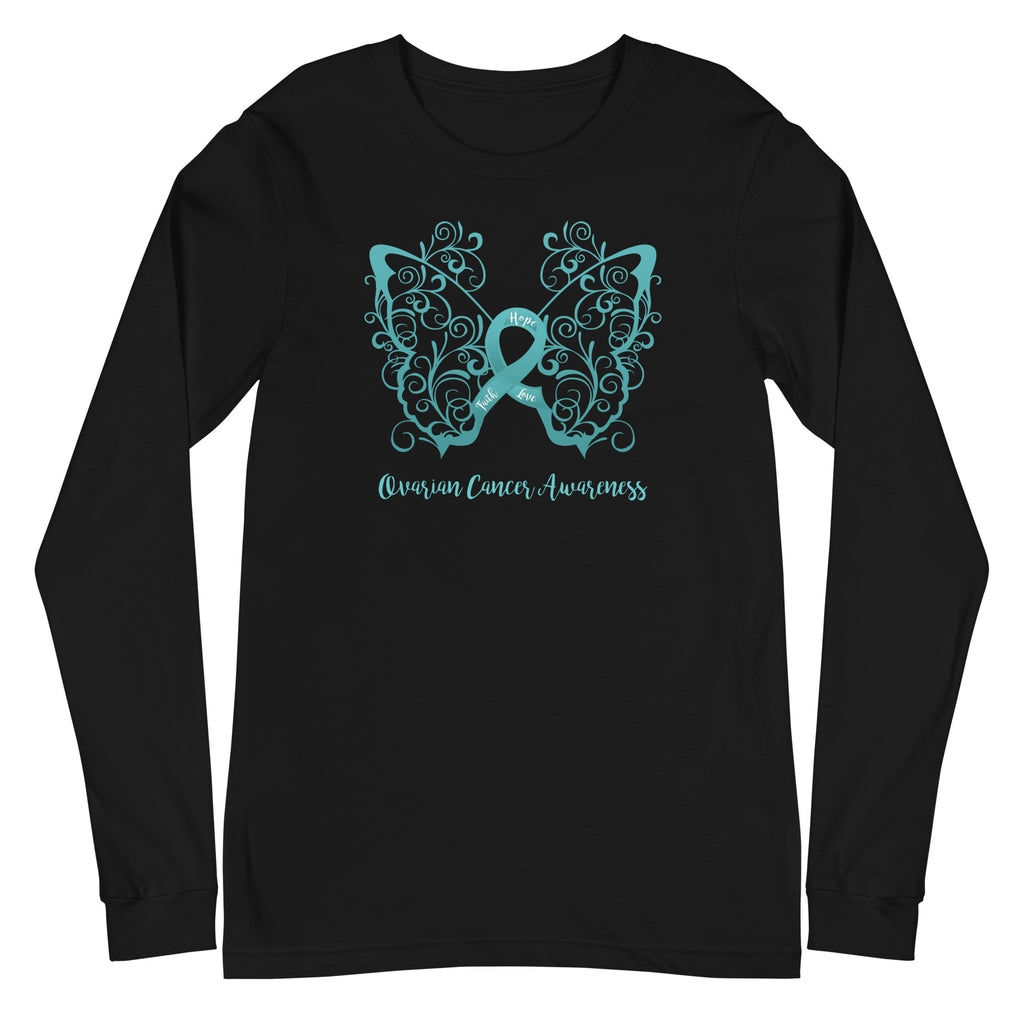 Ovarian Cancer Awareness Filigree Butterfly Long Sleeve Tee (Several Colors Available)