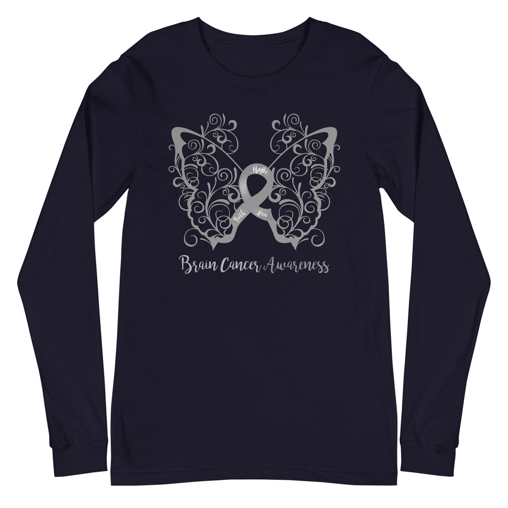 Brain Cancer Awareness Filigree Butterfly Long Sleeve Tee - Several Colors Available