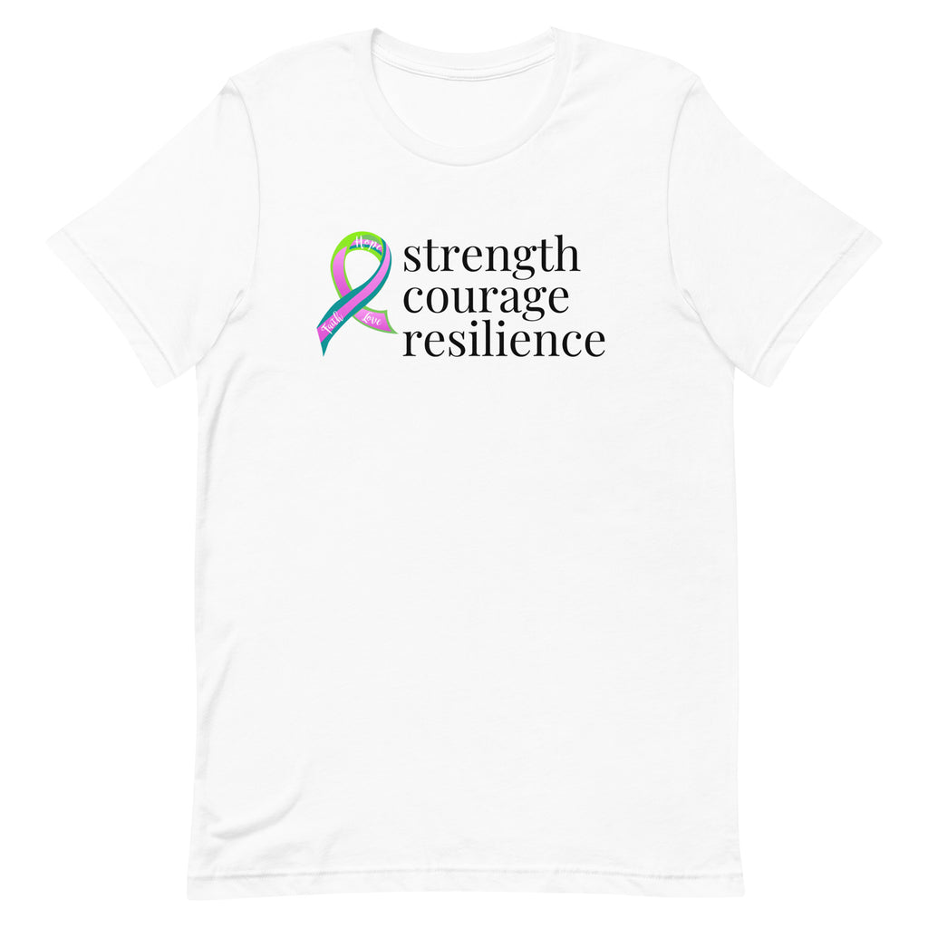 Metastatic Breast Cancer "strength courage resilience" Ribbon T-Shirt