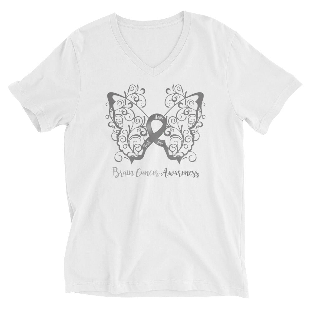 Brain Cancer Awareness Filigree Butterfly V-Neck T-Shirt