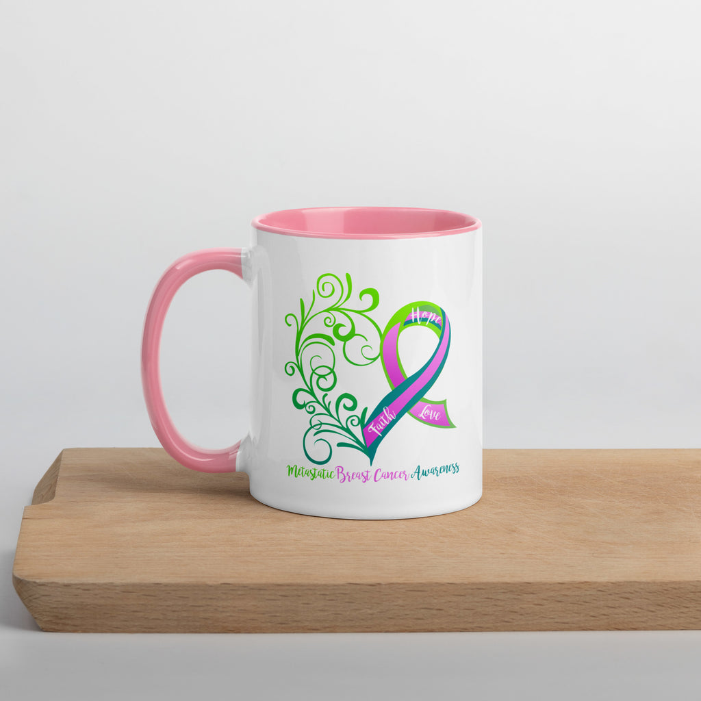 Metastatic Breast Cancer Awareness Heart 11 oz. Mug with Pink Interior (Dual Sided Design)