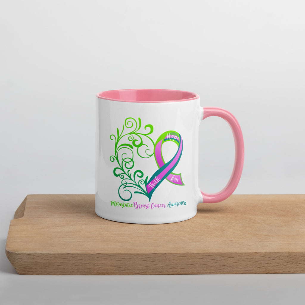 Metastatic Breast Cancer Awareness Heart 11 oz. Mug with Pink Interior (Dual Sided Design)