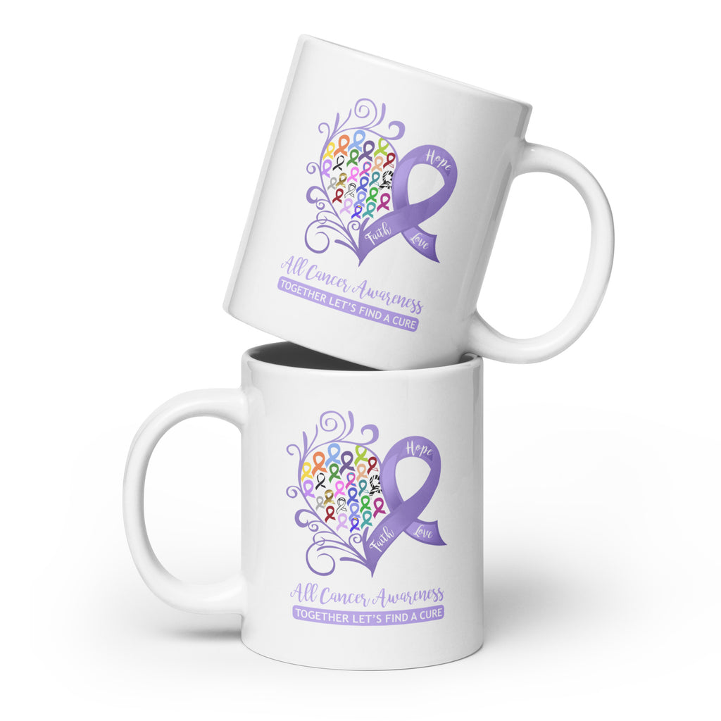 All Cancer Awareness Heart White Glossy Mug (20 oz)