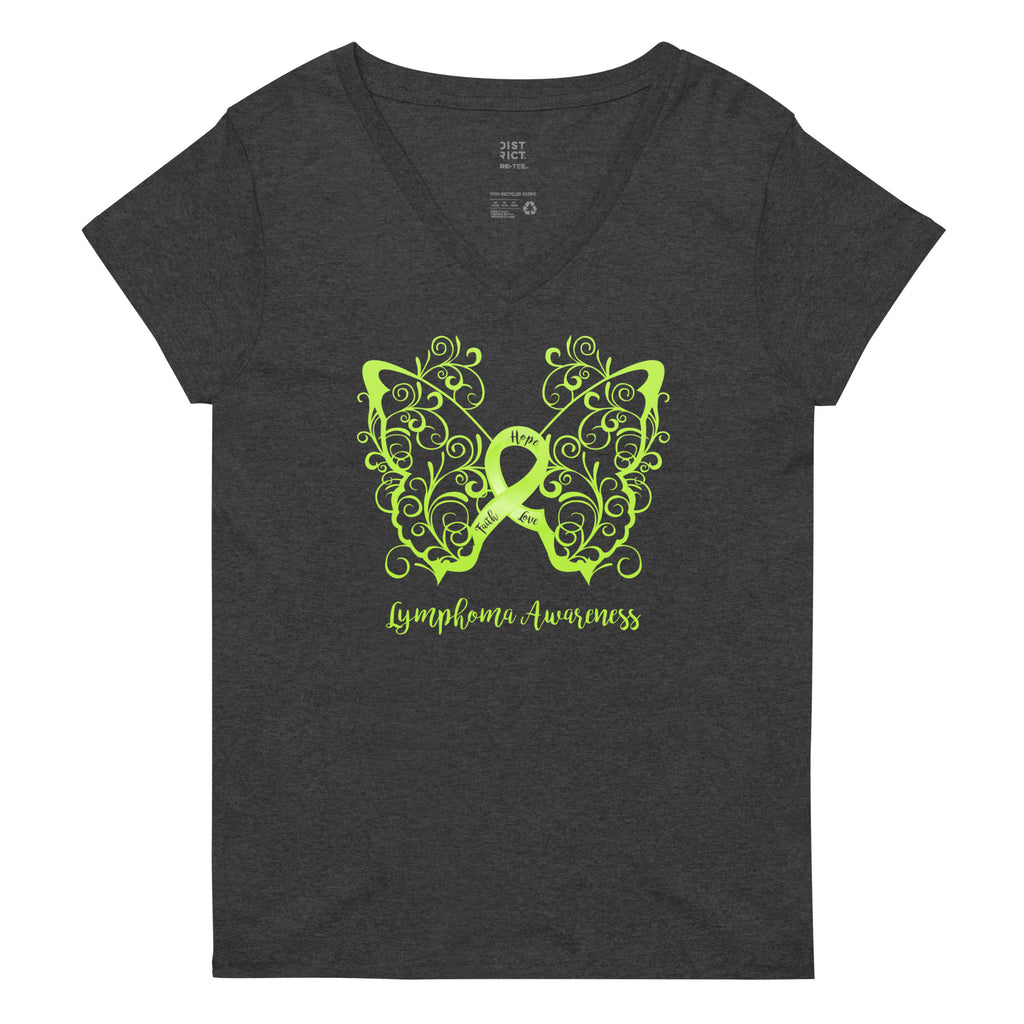 Lymphoma Awareness Filigree Butterfly Women’s Recycled V-Neck T-Shirt