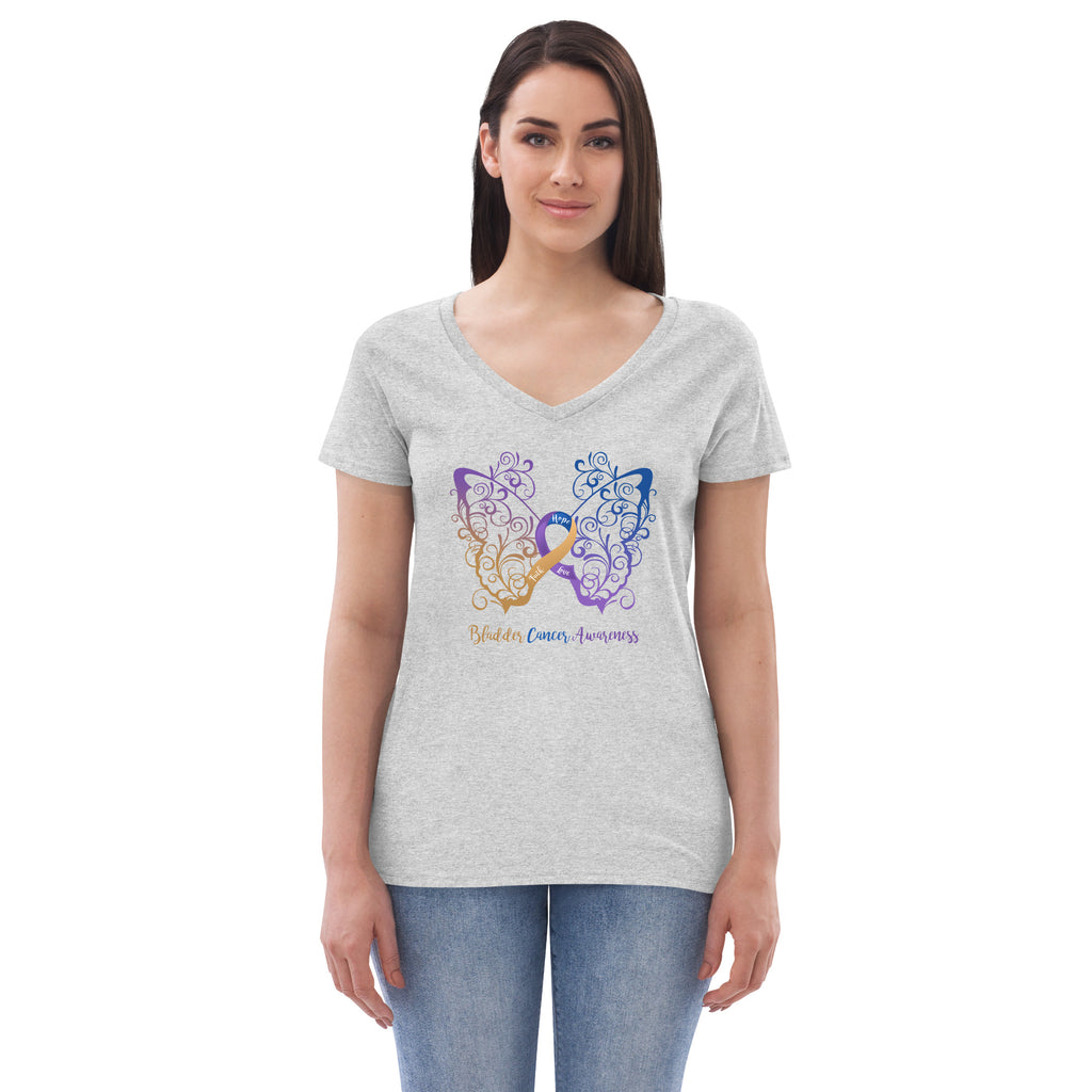 Bladder Cancer Awareness Women’s Filigree Butterfly Recycled V-Neck T-Shirt (Several Colors Available)