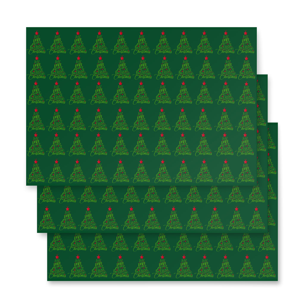 Joy Love Peace Believe Christmas Tree Hunter Green Gift Wrap (3 Sheets)