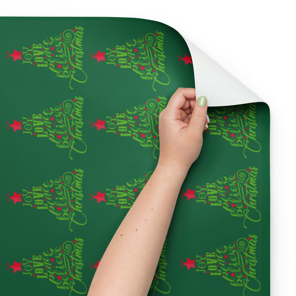 Joy Love Peace Believe Christmas Tree Hunter Green Gift Wrap (3 Sheets)