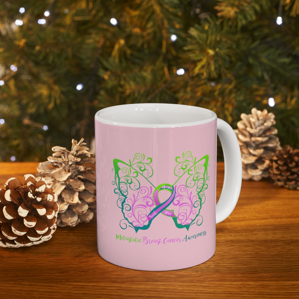 Metastatic Breast Cancer Awareness Filigree Butterfly (Light Pink) Mug (11 oz.)(Dual-Sided Design)