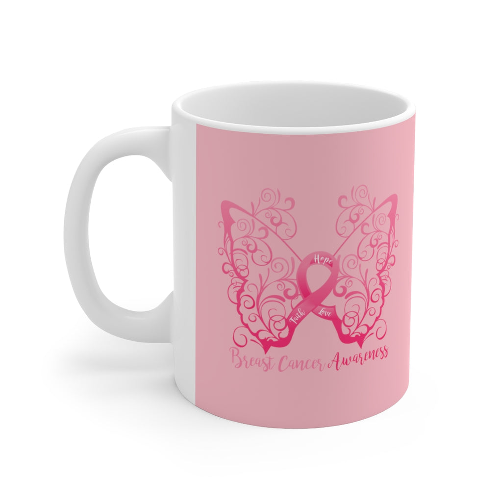 Breast Cancer Awareness Filigree Butterfly (Pink) Mug (11 oz.)(Dual-Sided Design)