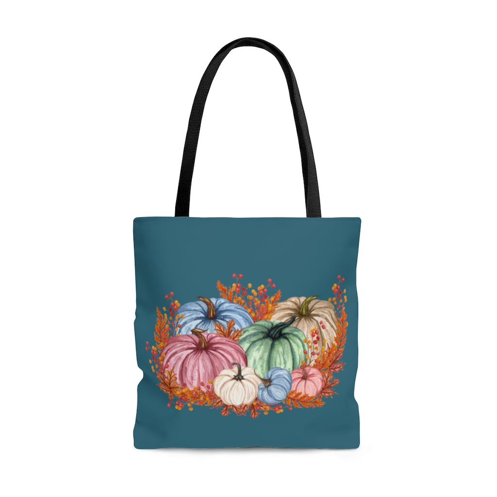 Fall Watercolor Pumpkins Large "Dark Teal" Tote Bag (Dual Sided Design)