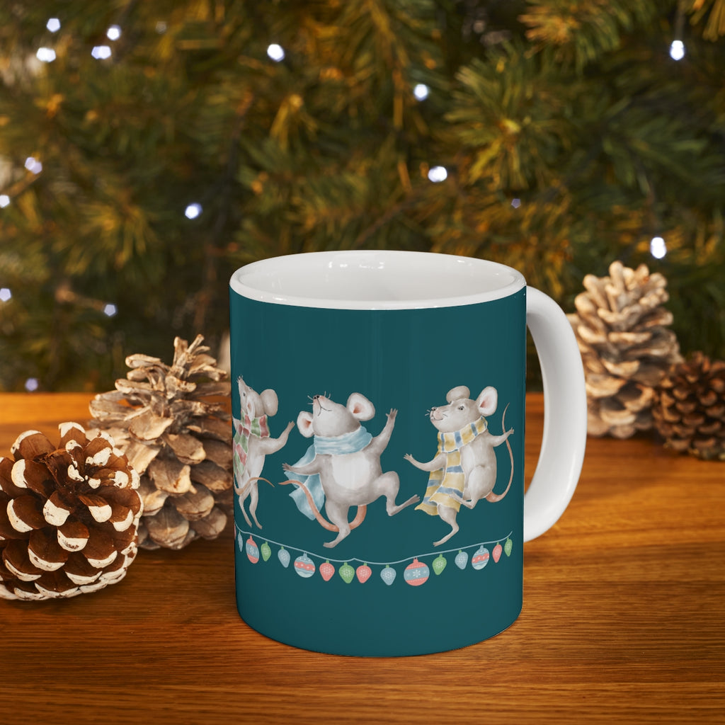 Vintage Watercolor Christmas Dancing Mice (Teal) Mug (11 oz.)(Dual-Sided Design)