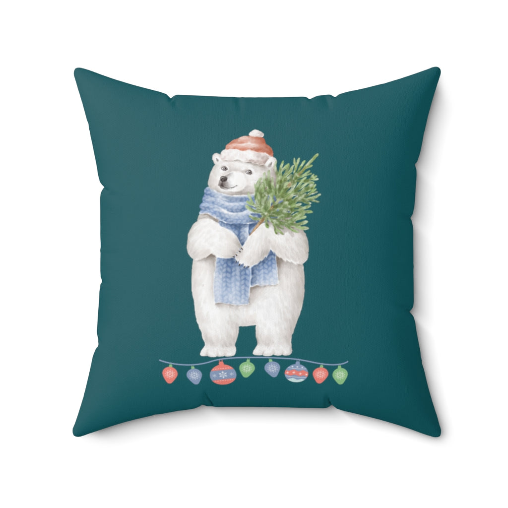 Vintage Watercolor Christmas Polar Bear (Teal) Square Pillow (20 X 20)