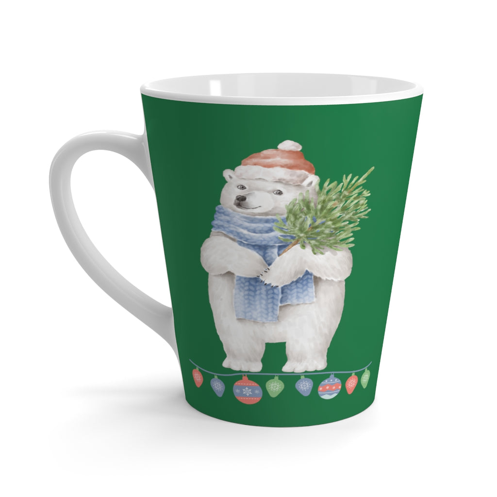 Vintage Watercolor Christmas Polar Bear Kelly Green Latte Mug (12 oz.) (Dual-Sided Design)