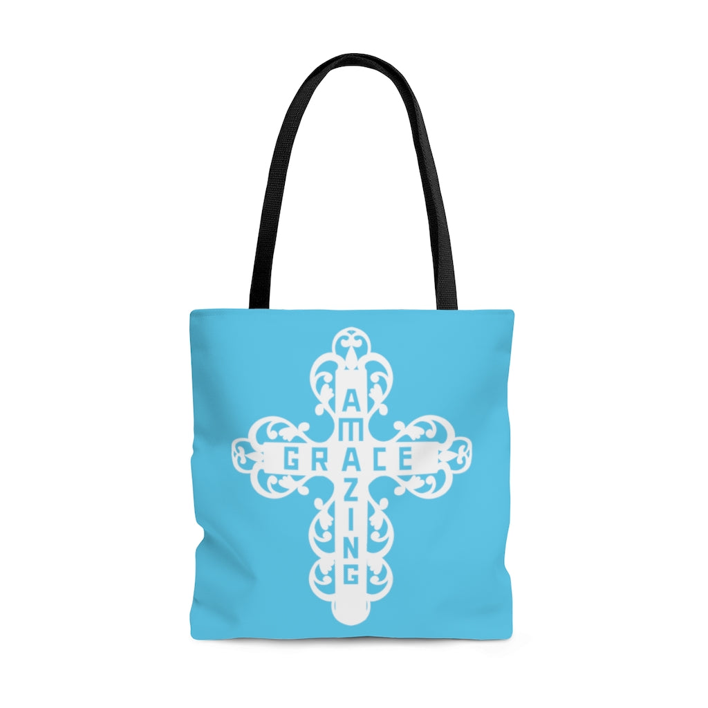 Amazing Grace Filigree Cross Large Aqua Tote Bag (Dual-Sided Design)