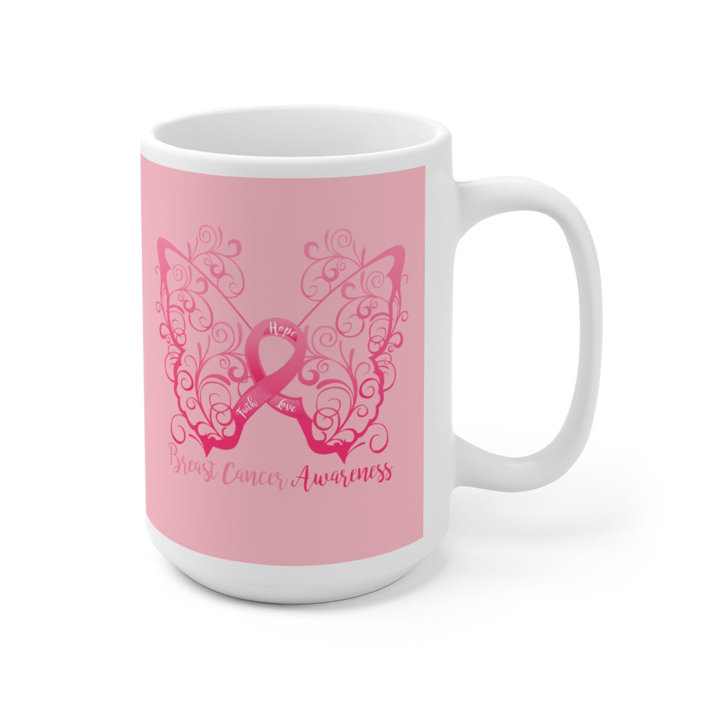 Breast Cancer Awareness Filigree Butterfly (Pink) Mug (15oz) (Dual Sided-Design)