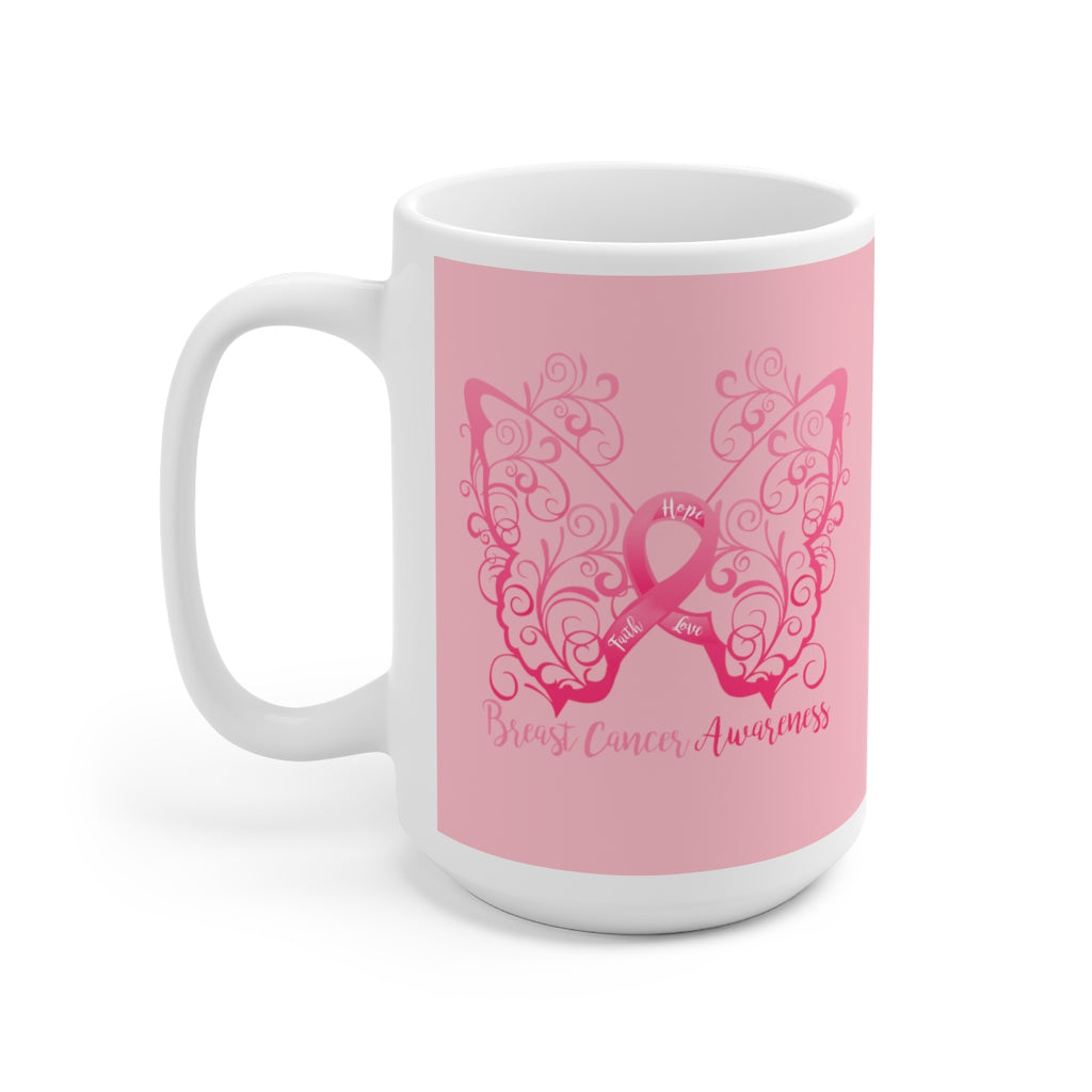 Breast Cancer Awareness Filigree Butterfly (Pink) Mug (15oz) (Dual Sided-Design)
