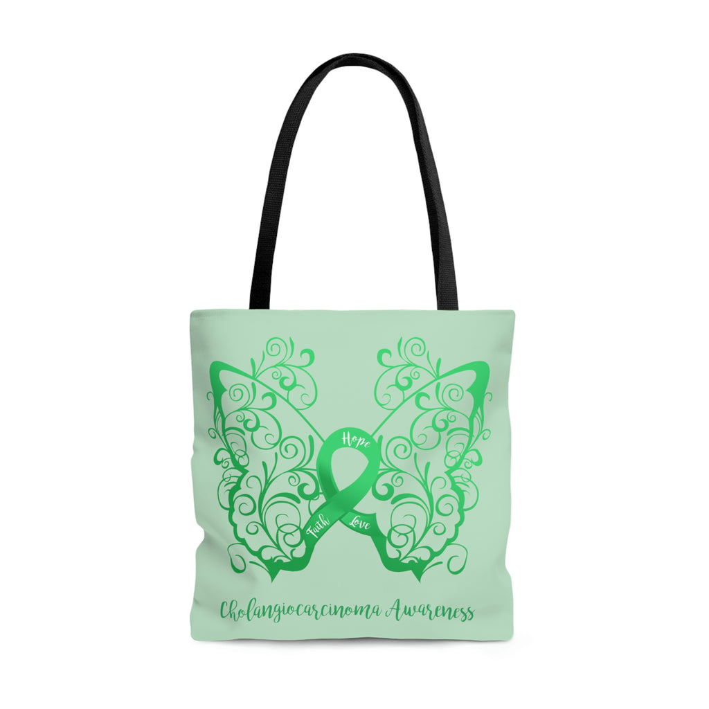 Cholangiocarcinoma Awareness Filigree Butterfly Large "Light Green" Tote Bag (Dual-Sided Design)