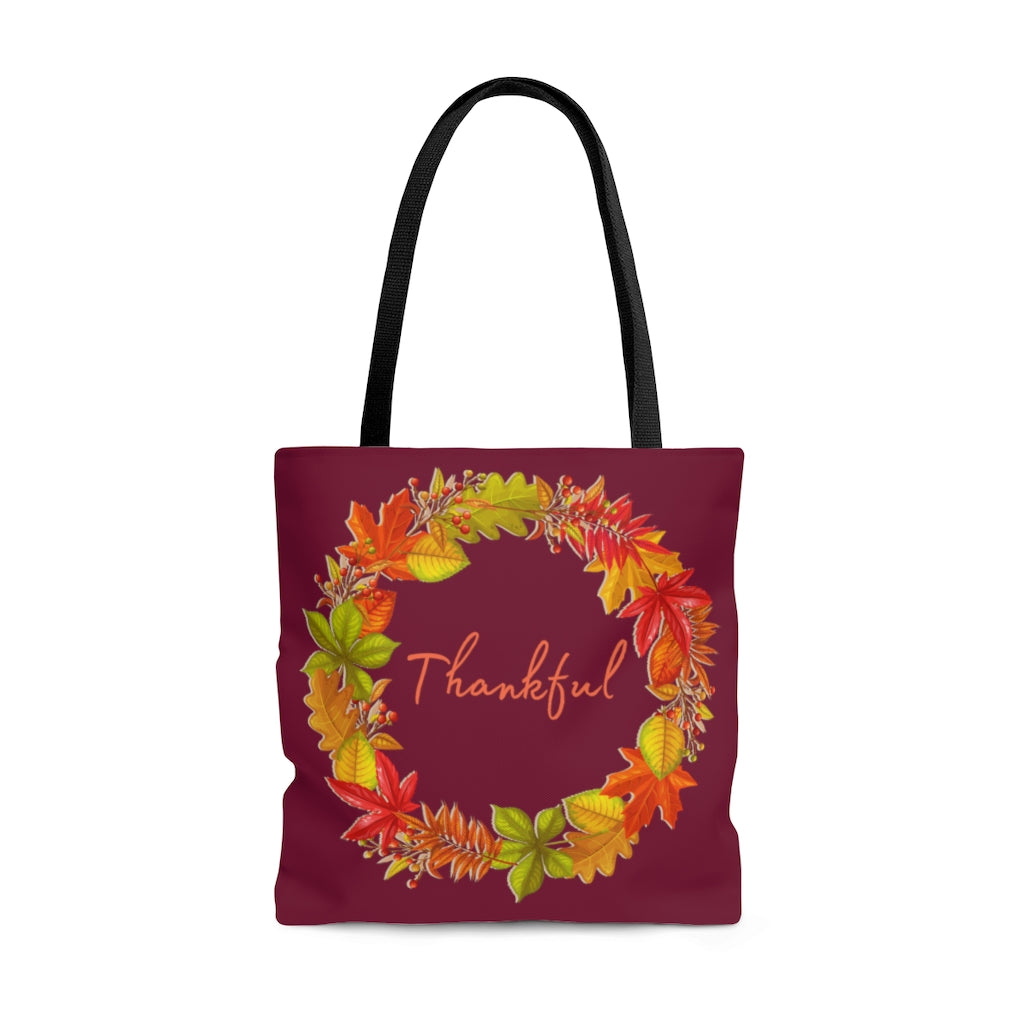 Thankful Autumn Leaf Wreath Large Maroon Tote Bag (Dual-Sided Design)