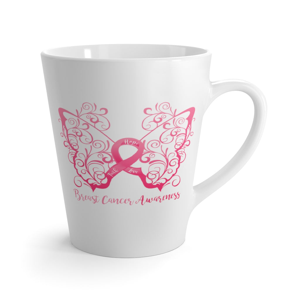 Breast Cancer Awareness Filigree Butterfly White Latte Mug (12 oz.) (Dual Sided Design)