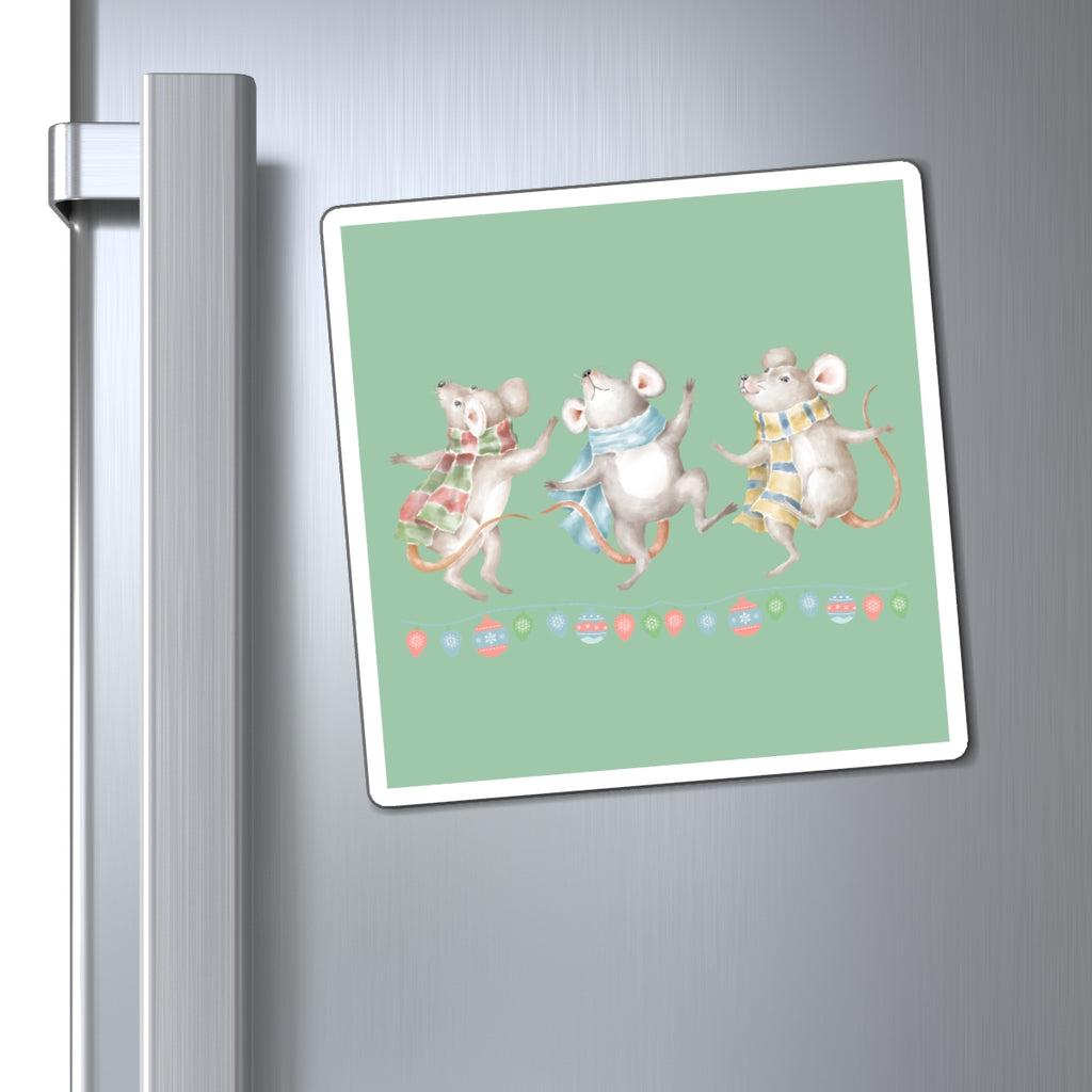 Vintage Watercolor Christmas Dancing Mice Magnet (Light Green) (3 Sizes Available)