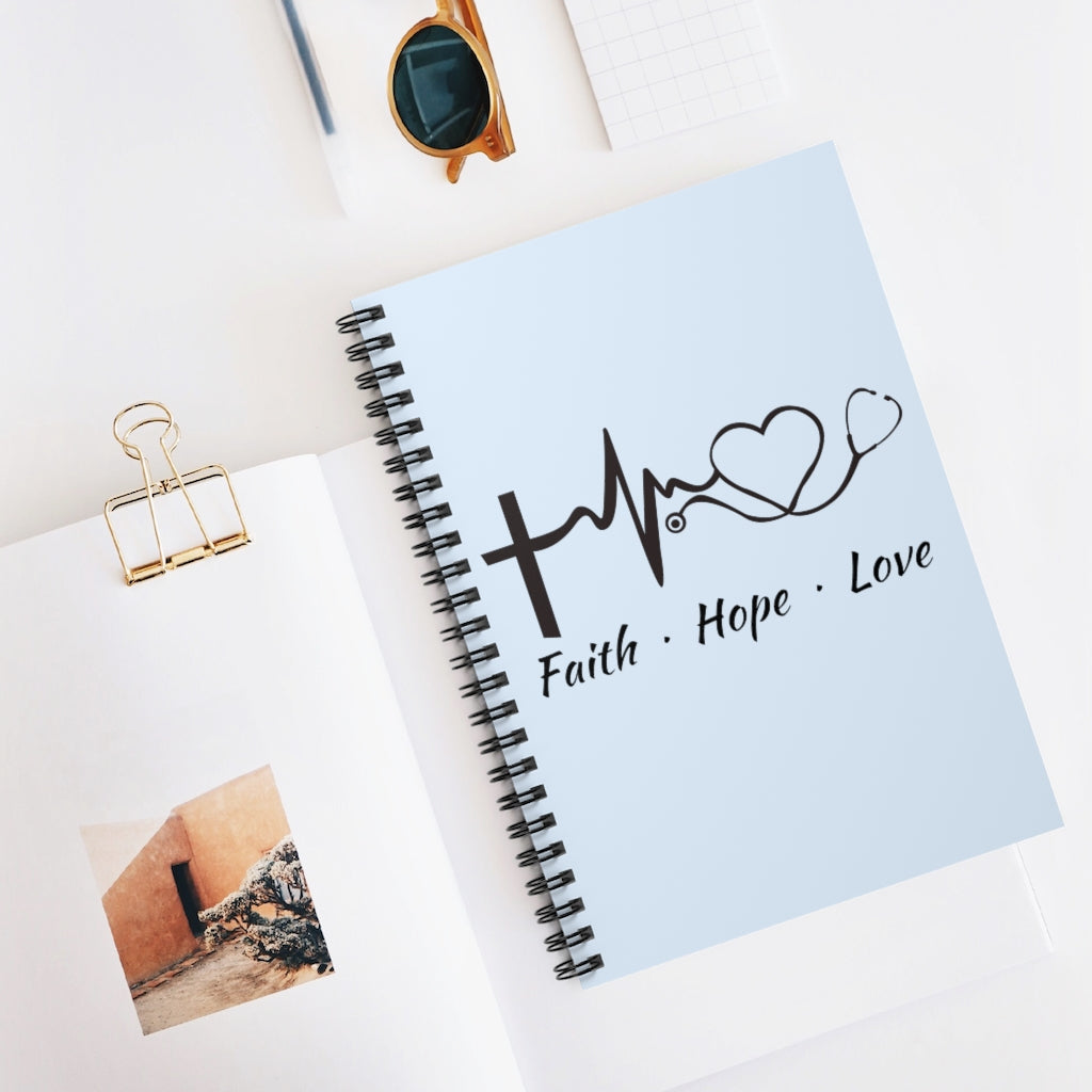Faith Hope Love Stethoscope Light Blue Spiral Journal - Ruled Line