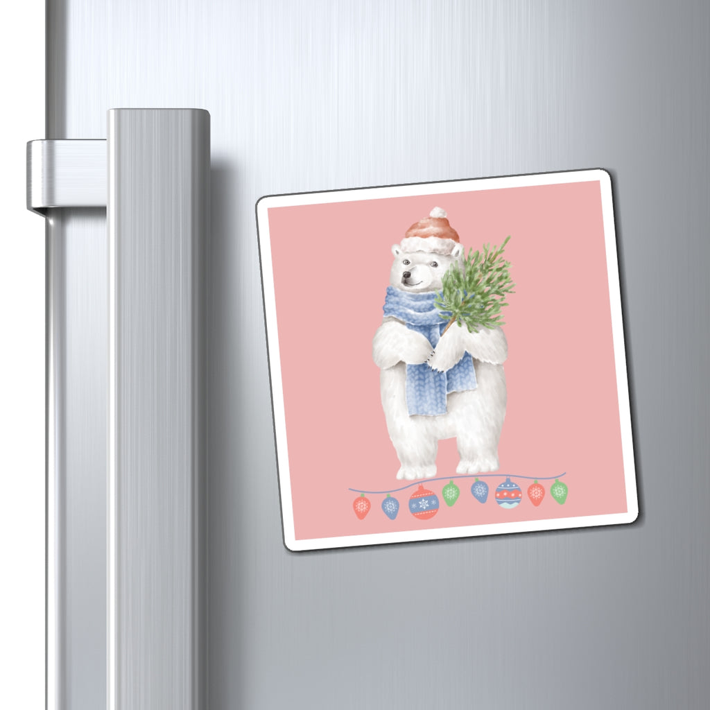 Vintage Watercolor Christmas Polar Bear Magnet (Light Mauve) (3 Sizes Available)