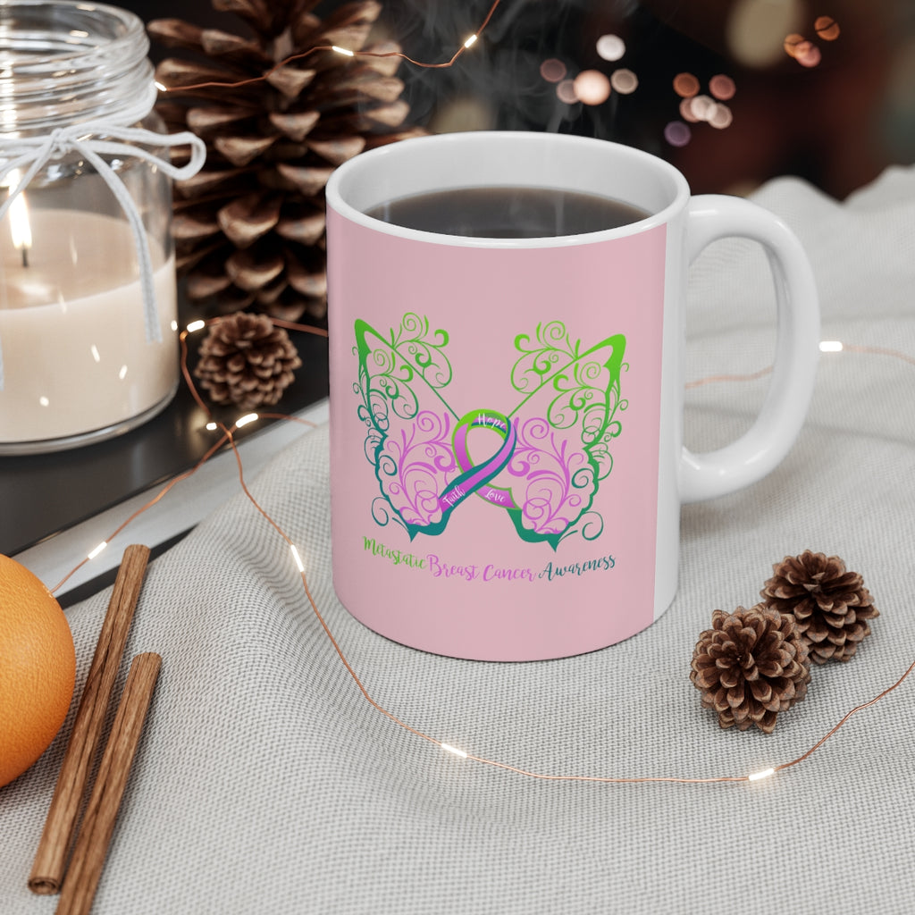 Metastatic Breast Cancer Awareness Filigree Butterfly (Light Pink) Mug (11 oz.)(Dual-Sided Design)