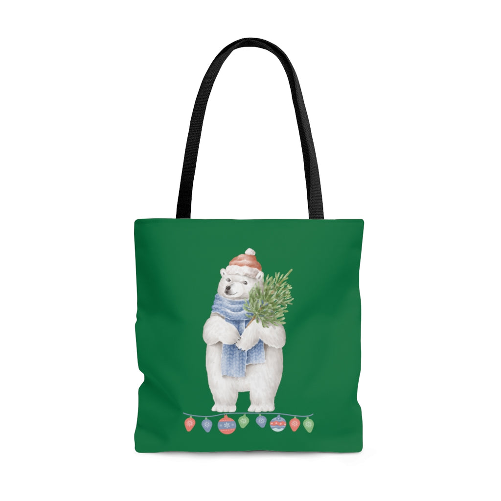 Vintage Watercolor Christmas Polar Bear Large Tote Bag (Kelly Green)(Dual-Sided Design)