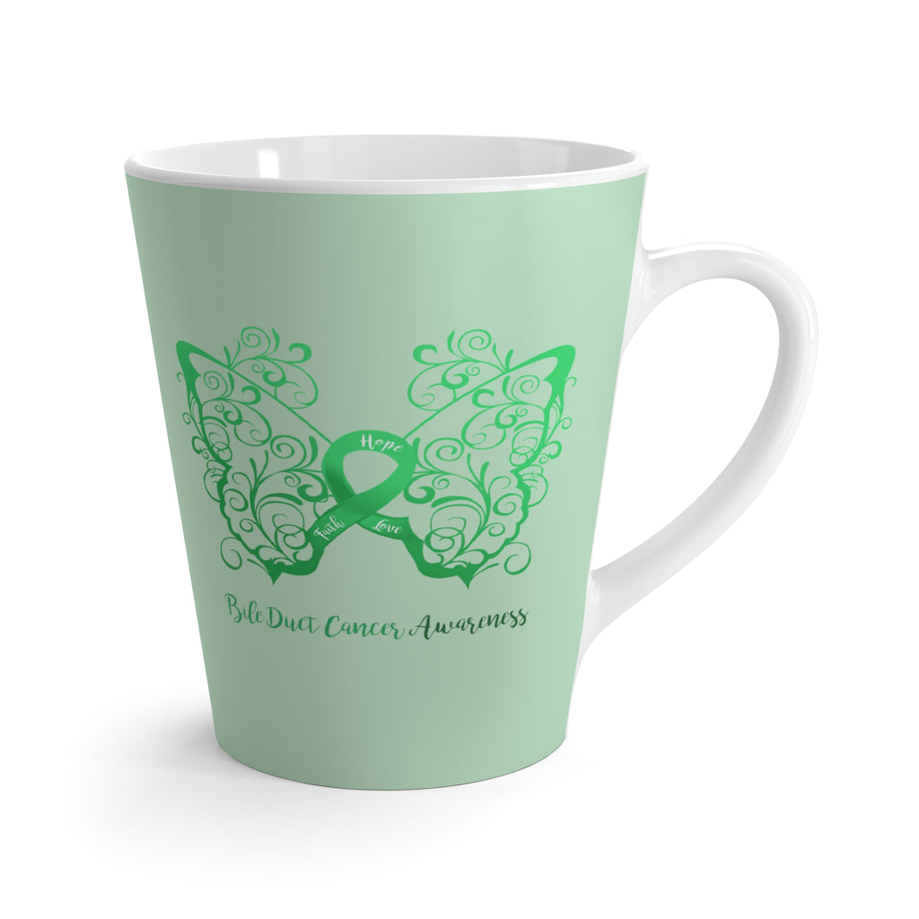 Bile Duct Cancer Awareness Filigree Butterfly Light Green Latte Mug (12 oz.) (Dual-Sided Design)