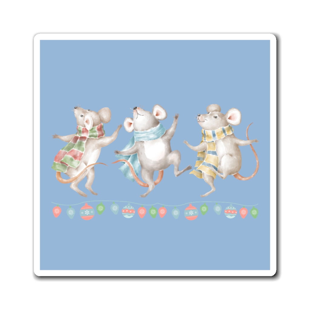 Vintage Watercolor Christmas Dancing Mice Magnet (Light Denim) (3 Sizes Available)
