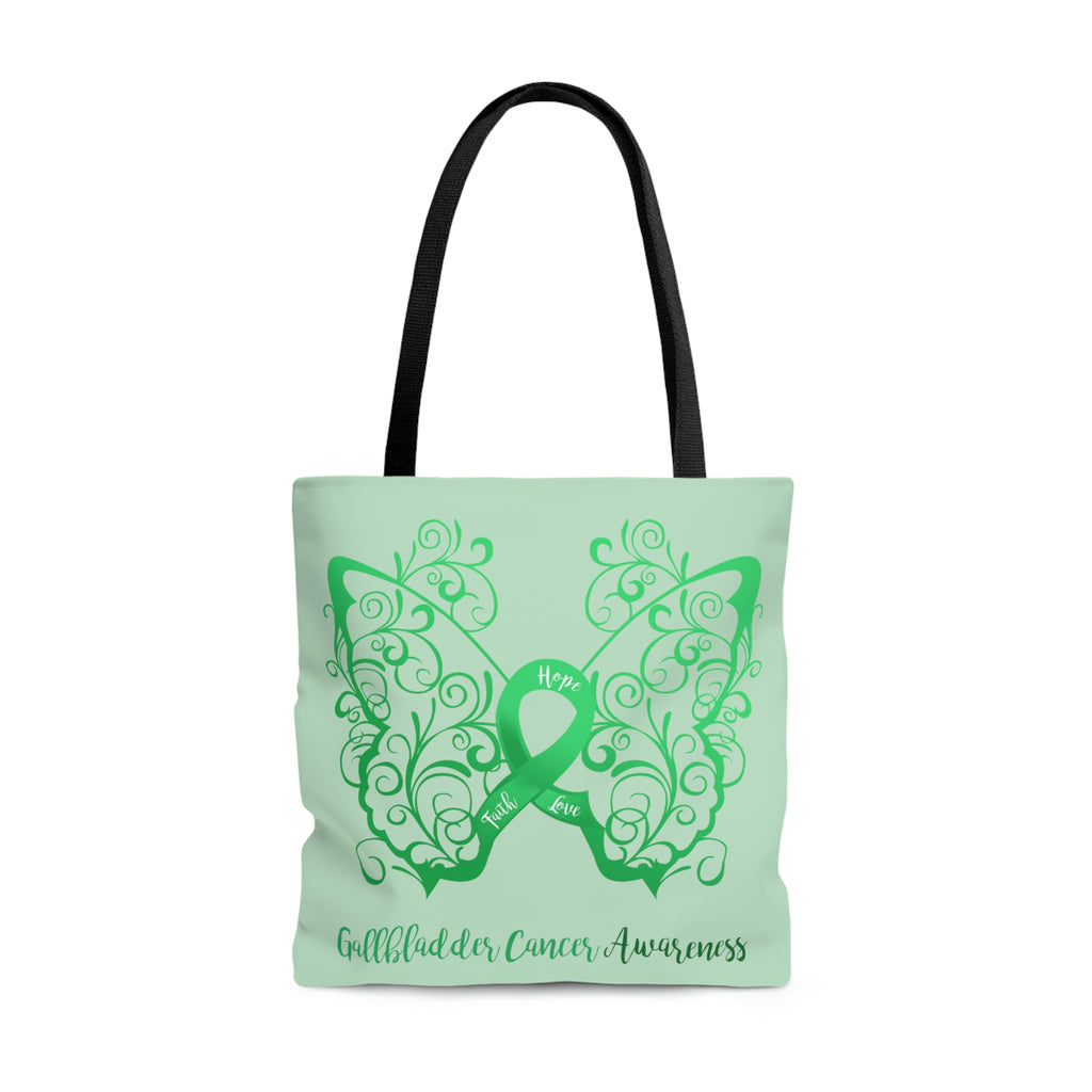 Gallbladder Cancer Awareness Filigree Butterfly Large "Light Green" Tote Bag (Dual-Sided Design)