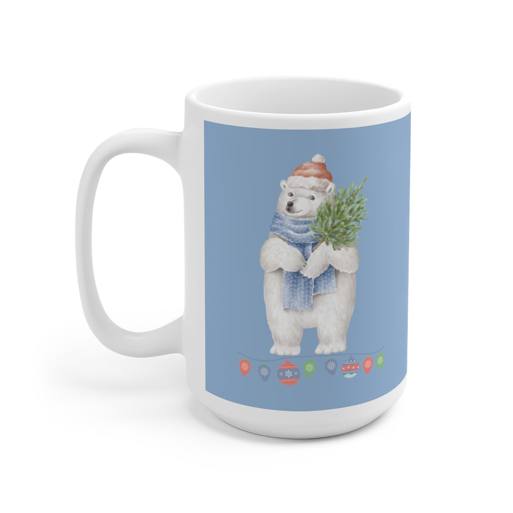 Vintage Watercolor Christmas Polar Bear (Denim Blue) Mug (15oz) (Dual Sided-Design)