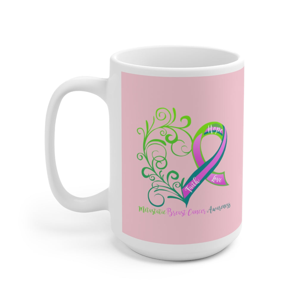 Metastatic Breast Cancer Awareness Heart (Light Pink) Mug (15oz) (Dual Sided-Design)
