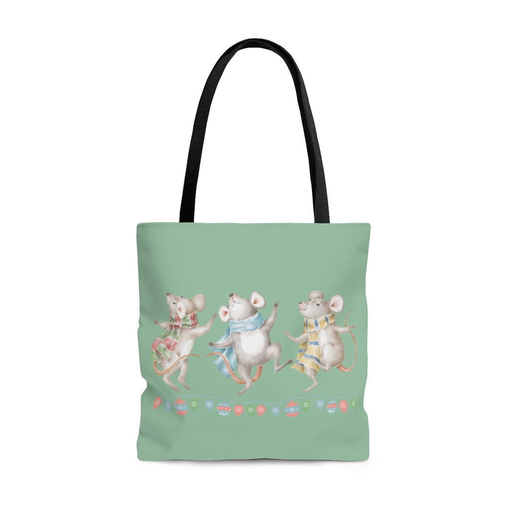 Vintage Watercolor Christmas Dancing Mice Large Tote Bag (Light Green)(Dual-Sided Design)