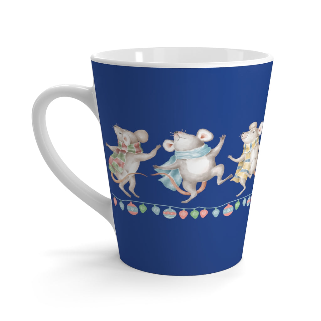 Vintage Watercolor Christmas Dancing Mice Royal Blue Latte Mug (12 oz.) (Dual-Sided Design)