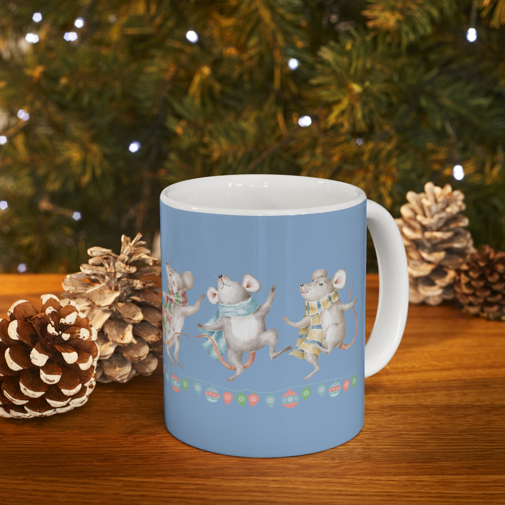 Vintage Watercolor Christmas Dancing Mice (Denim Blue) Mug (11 oz.)(Dual-Sided Design)