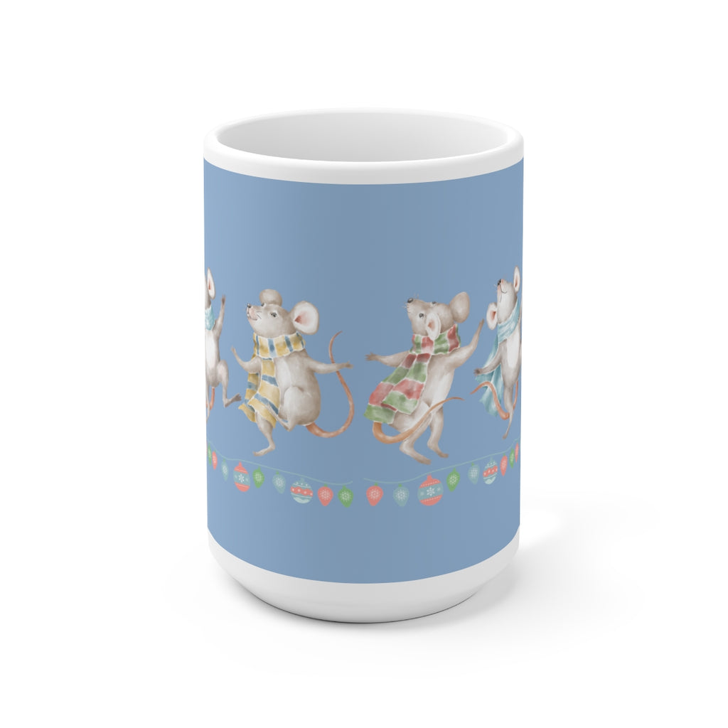 Vintage Watercolor Christmas Dancing Mice (Denim Blue) Mug (15oz) (Dual Sided-Design)