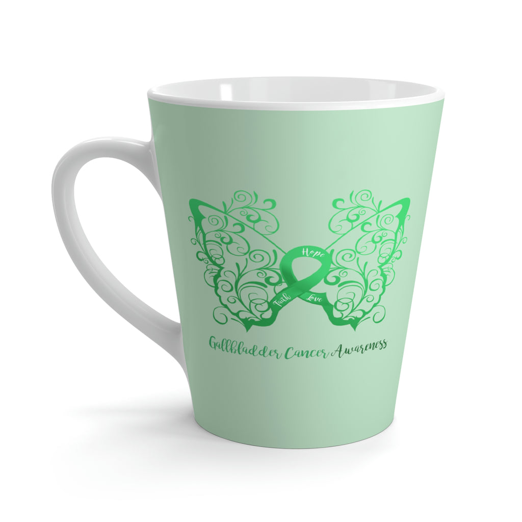 Gallbladder Cancer Awareness Filigree Butterfly Light Green Latte Mug (12 oz.) (Dual-Sided Design)